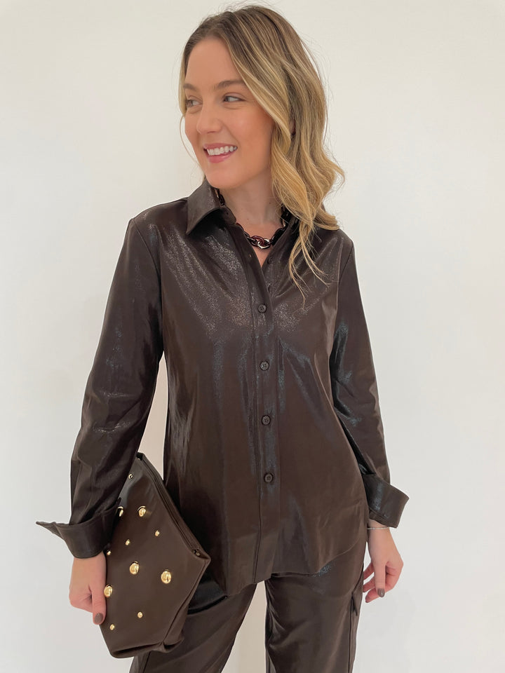 Lysse Connie Patent Foil Vegan Suede Shacket in Liquid Mocha with Pono Riley Necklace in Hickory, Clare V Georgette Clutch Moto Leather Bag in Chocolate Gold available at Barbara Katz