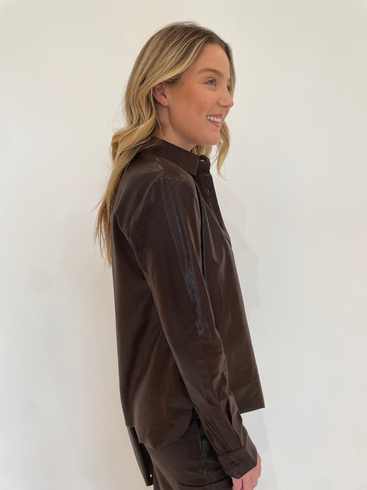 Lysse Connie Patent Foil Vegan Suede Long Sleeve Shacket in Liquid Mocha available at Barbara Katz