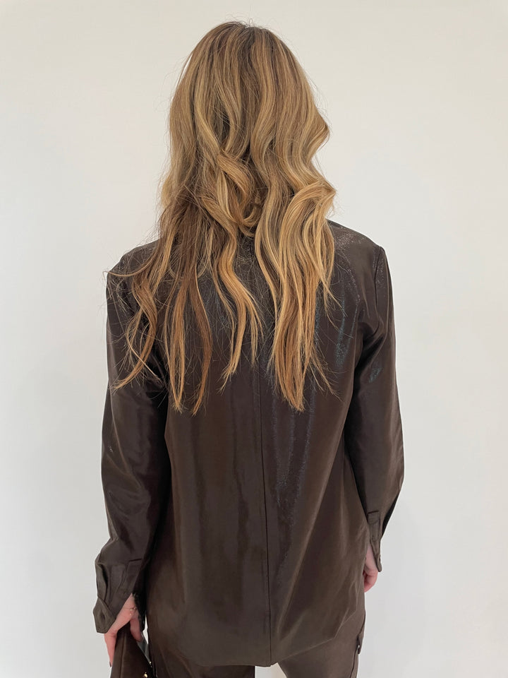 Lysse Connie Patent Foil Vegan Suede Shacket in Liquid Mocha available at Barbara Katz