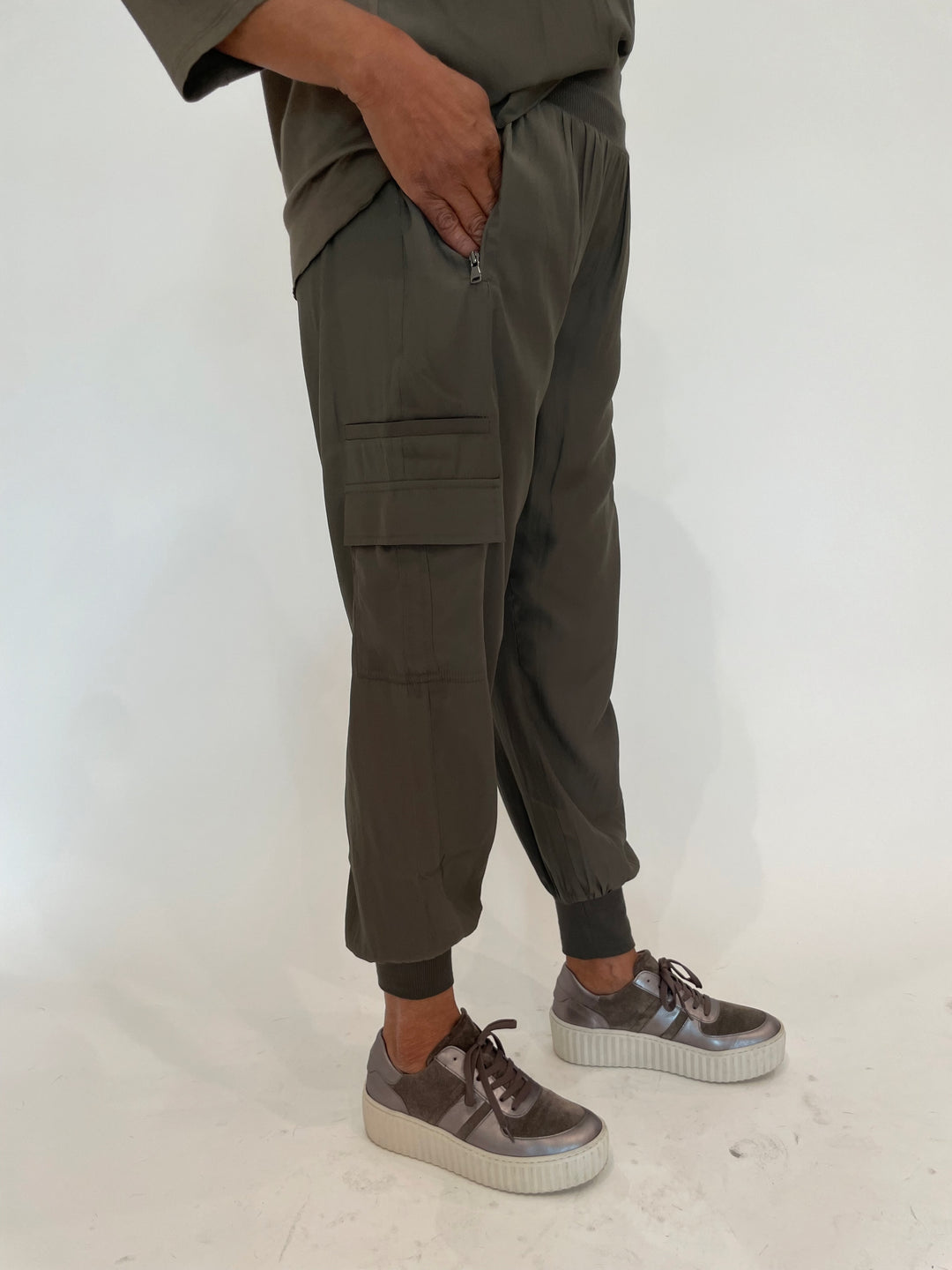 Lola & Sophie D-Satin Cargo Pants in Moss available at Barbara Katz