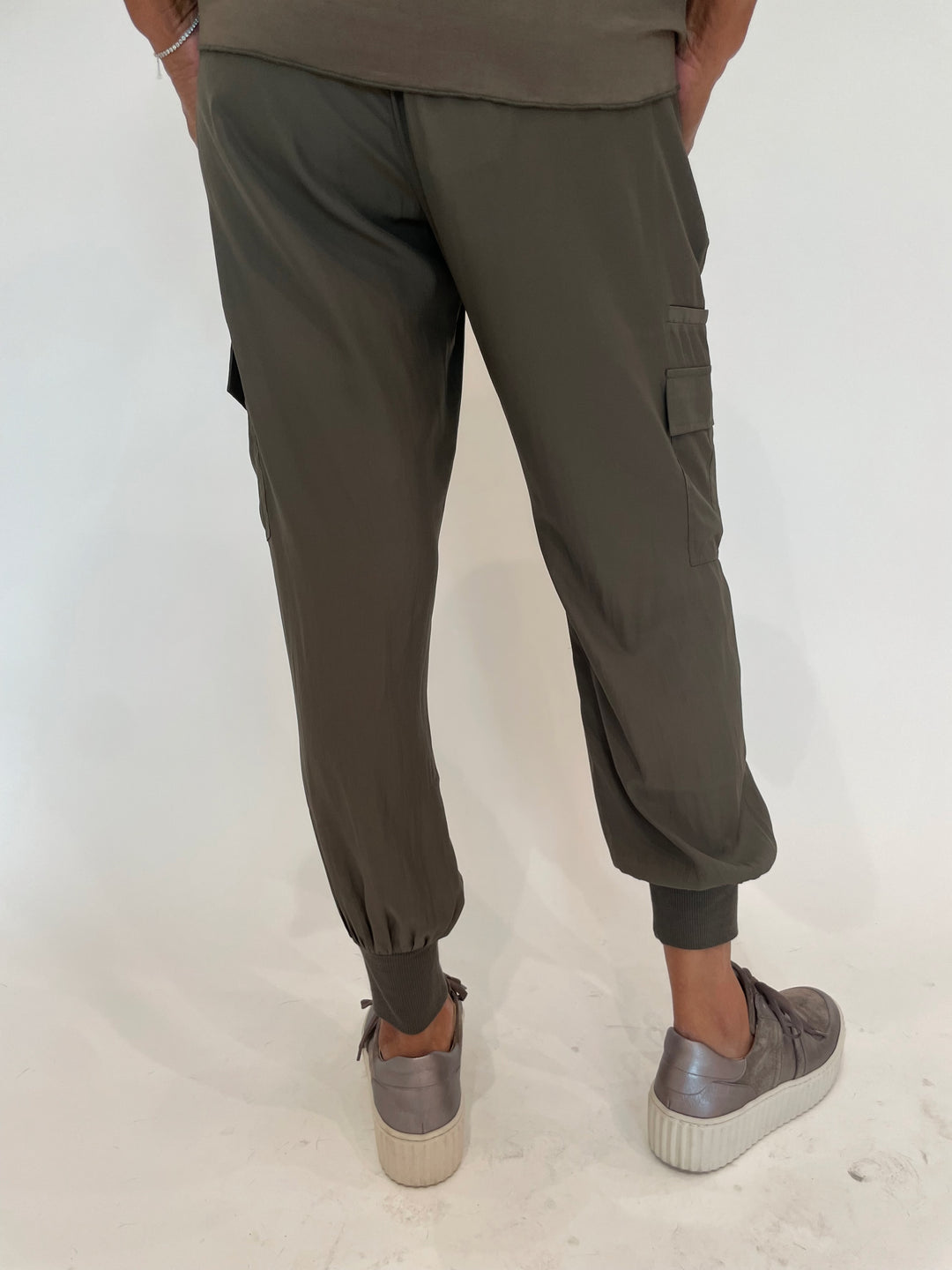 Lola & Sophie D-Satin Cargo Pants in Moss available at Barbara Katz