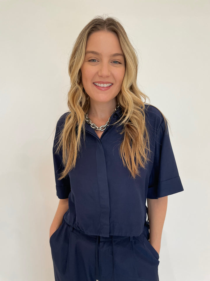 Simkhai Ryett Short Sleeve Cropped Shirt in Midnight with Pono Barile Mini Bike Chain Necklace in Silver available at Barbara Katz