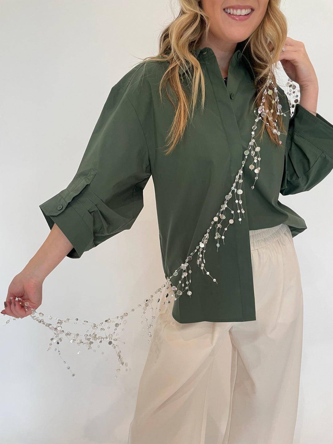 Simkhai Gemma Three-Quarter Sleeve Shirt in Botanical Green available at Barbara Katz