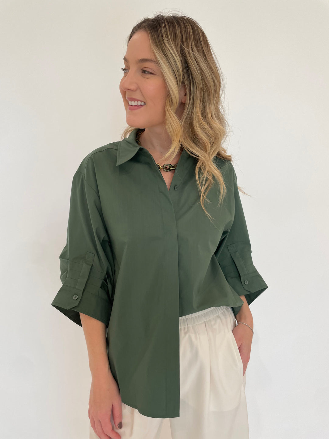 Simkhai Gemma Three-Quarter Sleeve Shirt in Botanical with Pono Riley Necklace in Sage available at Barbara Katz