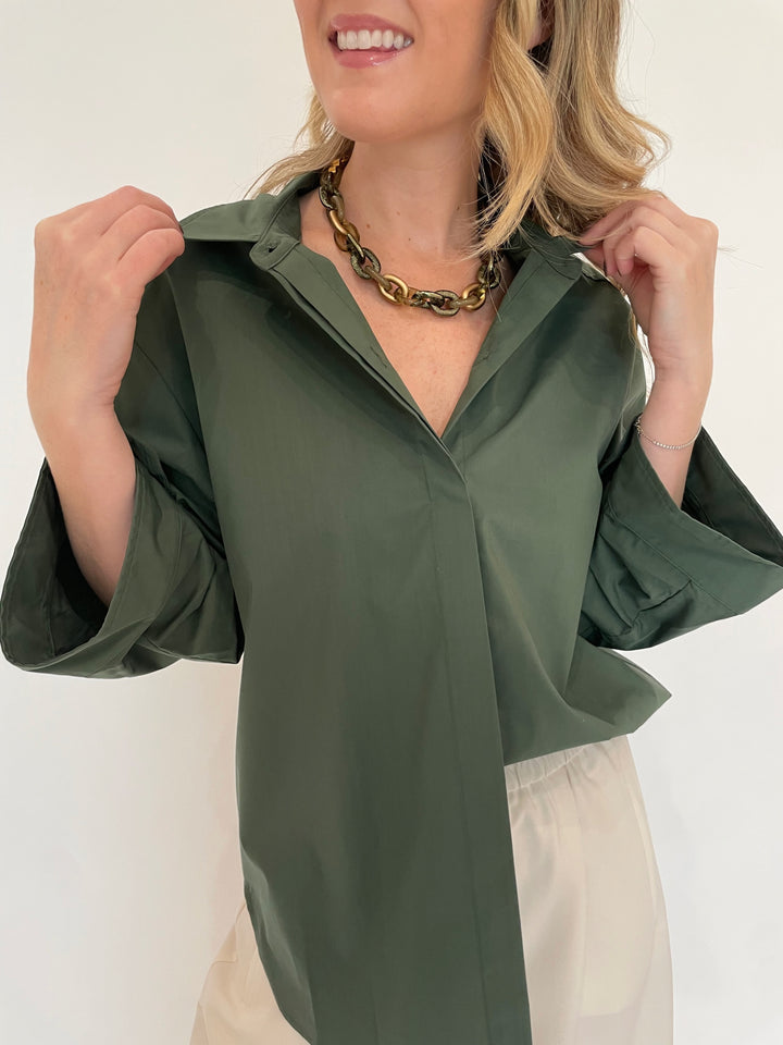 Simkhai Gemma Three-Quarter Sleeve Shirt in Botanical with Pono Riley Necklace in Sage available at Barbara Katz