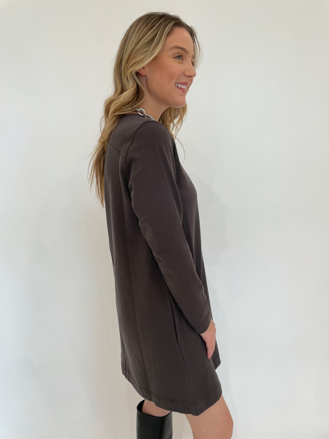 Lilla P. Front Seam Long Sleeve Dress in Iron available at Barbara Katz