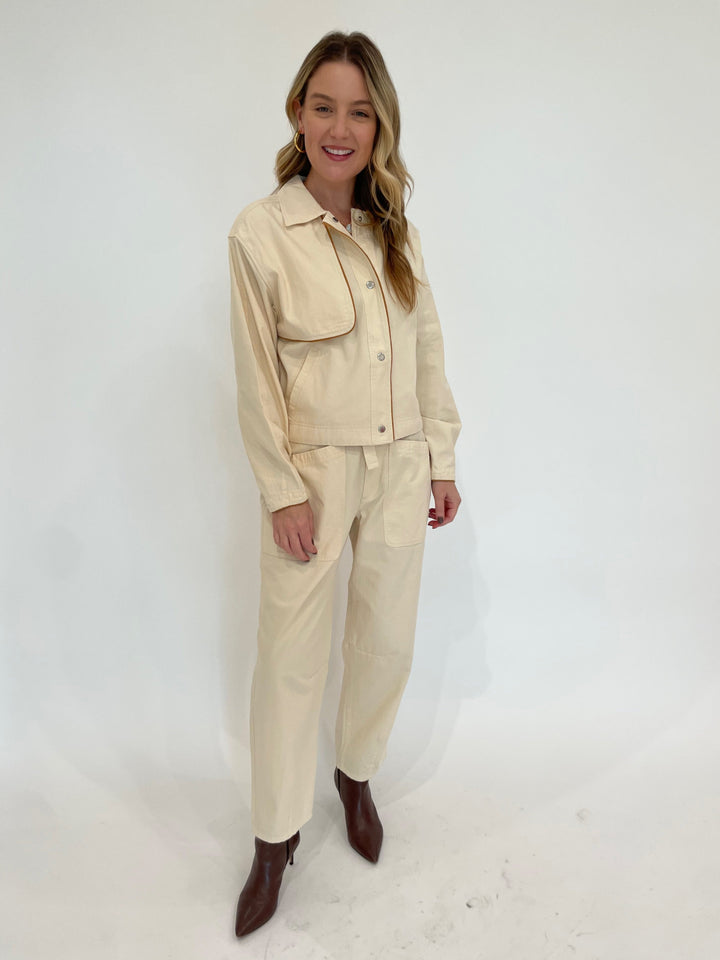 Lilla P. Contrast Trim Jacket in Alabaster paired with matching Lilla P. Tapered Pants in Alabaster, Alexis Bitter Brut Tube Hoop Earrings in Gold available at Barbara Katz