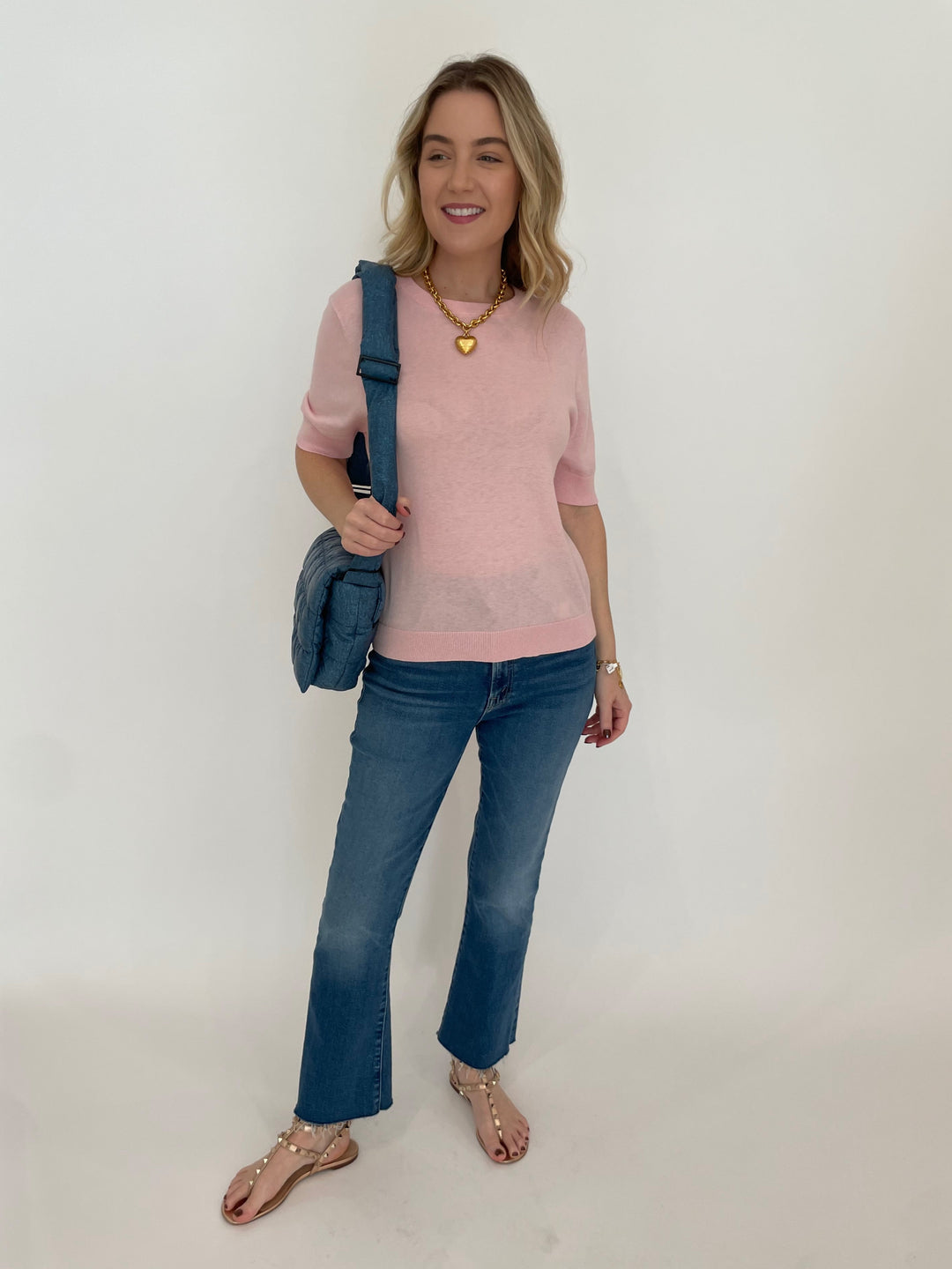 Whisper by Brodie Lucy Crew Neck Tee in Rose Petal paired with Mother The Hustler Ankle Fray Jeans in Grasping At Straws, Elizabeth Cole Jewelry Mallory Necklace, Vee Collective Porter MEssenger Bag in Denim available at Barbara Katz