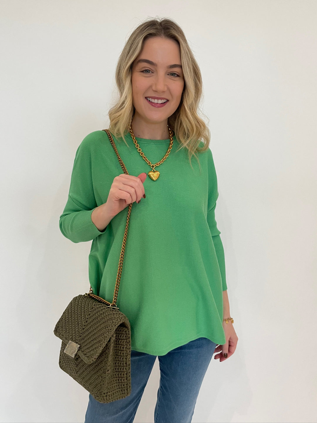 BK Sabrina Boxy Sweater in Island Green with Elizabeth Cole Jewelry Mallory Necklace and Noam Hazan Milan Bag in Olive available at Barbara Katz