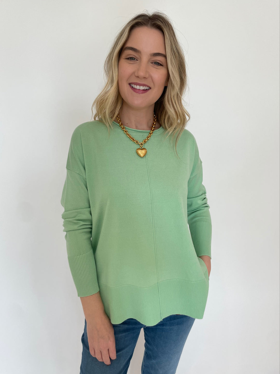 BK Shaina Center Seam Sweater in Pale Green with Elizabeth Cole Jewelry Mallory Necklace available at Barbara Katz