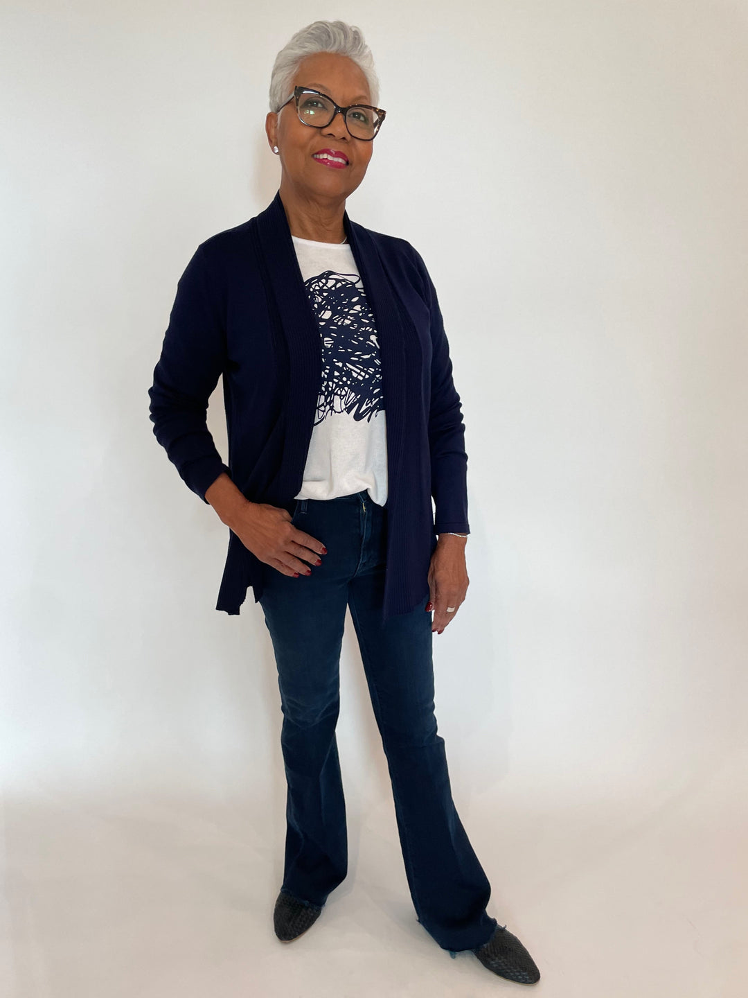 BK Luisa Long Cardigan in Navy with BK Monic Graphic Tee underneath, paired with Mother The Weekender Fray Jeans in Chip On My Shoulder available at Barbara Katz