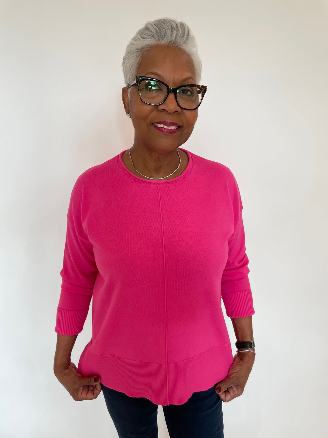 BK Shaina Center Seam Sweater in Pink Palm available at Barbara Katz