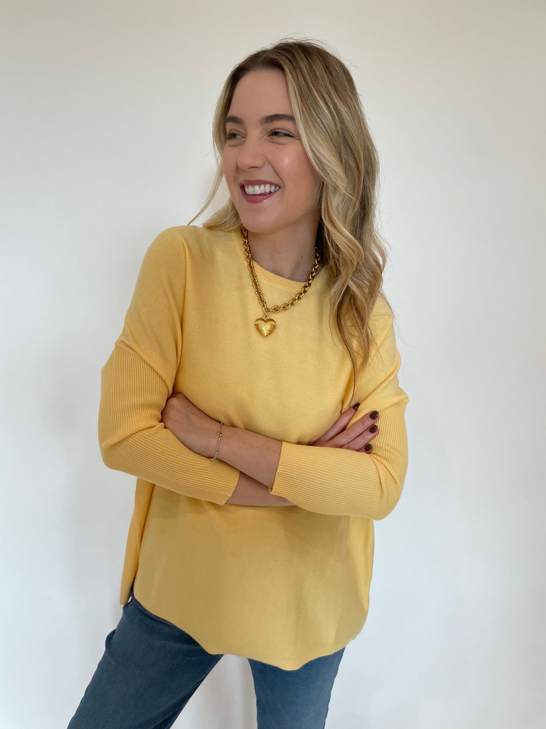 BK Sabrina Boxy Sweater in Pale Yellow  with Elizabeth Cole Jewelry Mallory Necklace available at Barbara Katz