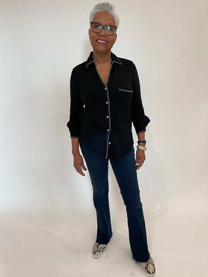 BK Joah Whipstitch Amrat Jersey Blouse in Black paired with Mother The Weekender Fray Jeans in Chip On My Shoulder available at Barbara Katz