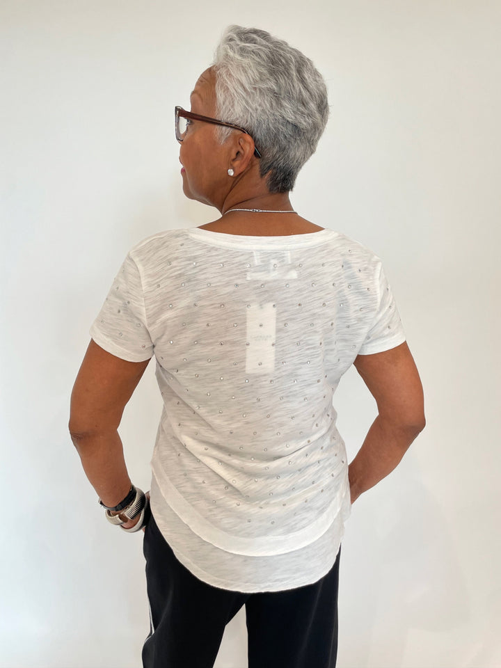 BK Ava All-Over Studs Mock Layer T-Shirt in White available at Barbara Katz