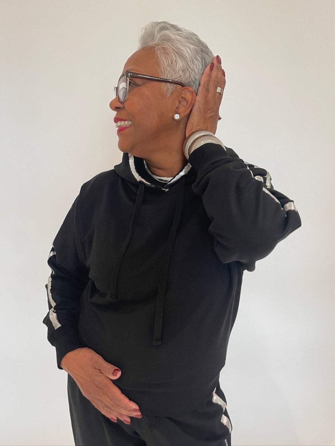 BK Molly Metallic Tipped Crop Pullover Hoodie in Black with BK Silver Cuffs available at Barbara Katz