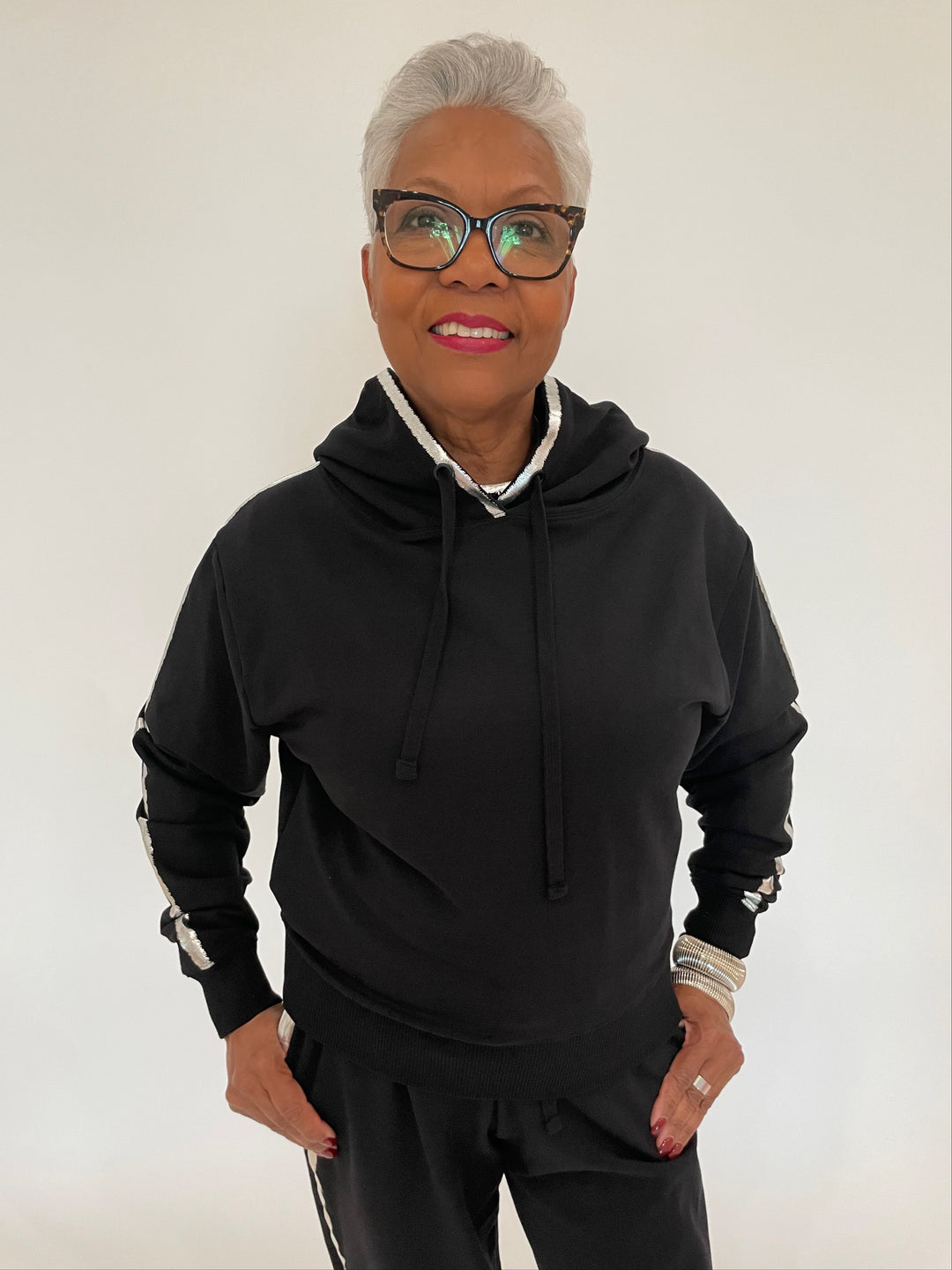 BK Molly Metallic Tipped Crop Pullover Hoodie in Black with BK Silver Cuffs available at Barbara Katz