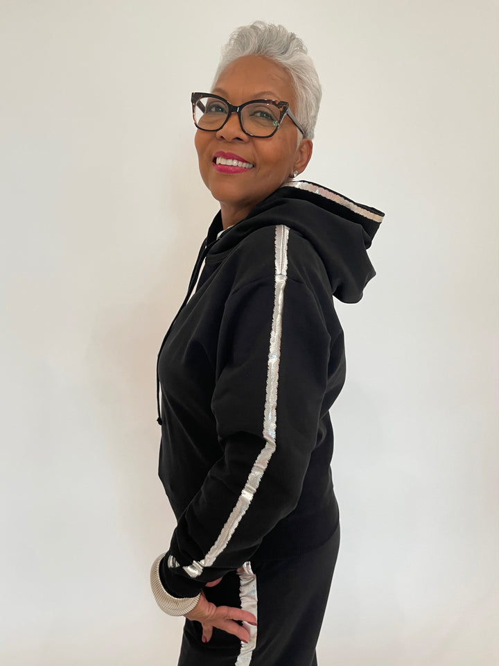 BK Molly Metallic Tipped Crop Long Sleeve Pullover Hoodie in Black with BK Silver Cuffs available at Barbara Katz