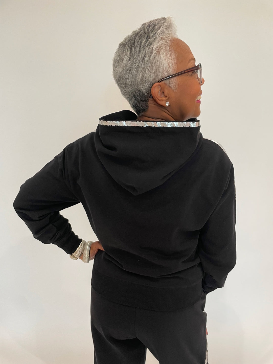 BK Molly Metallic Tipped Crop Pullover Hoodie in Black with BK Silver Cuffs available at Barbara Katz