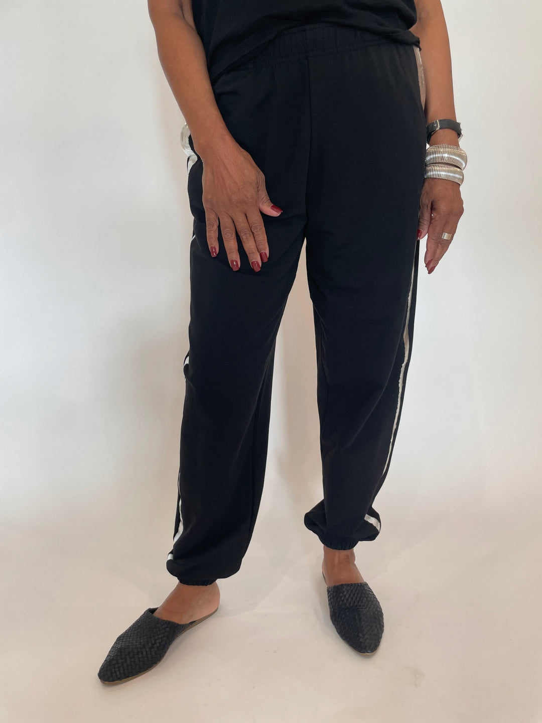 BK Chanel Metallic Tipped Sweatpants in Black, BK Silver Cobra Cuffs available at Barbara Katz