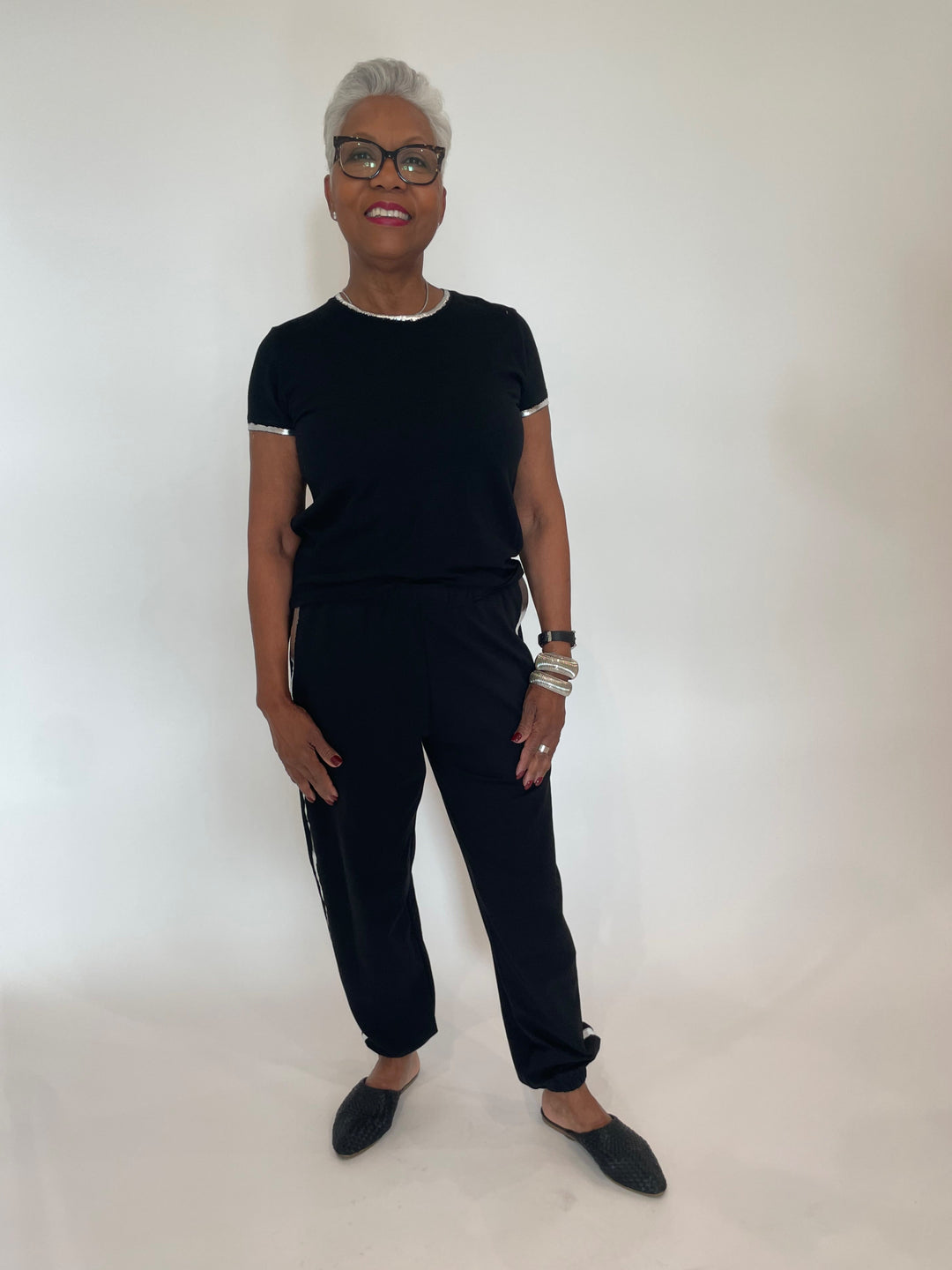 BK Jane Metallic Tipped Tee in Black paired with BK Chanel Metallic Tipped Sweatpants in Black, BK Silver Cobra Cuffs available at Barbara Katz