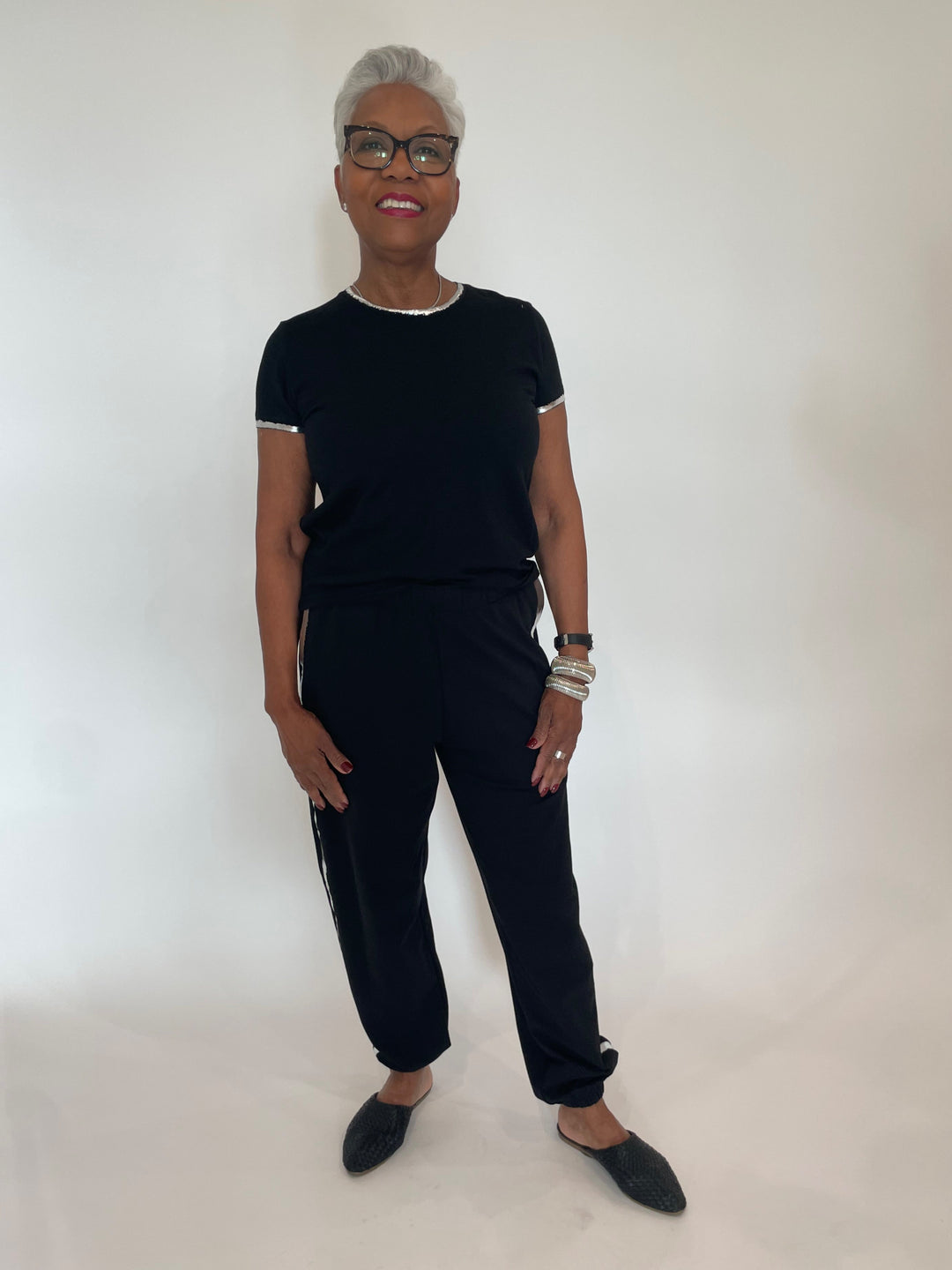 BK Jane Metallic Tipped Tee in Black paired with BK Chanel Metallic Tipped Sweatpants in Black, BK Silver Cobra Cuffs available at Barbara Katz