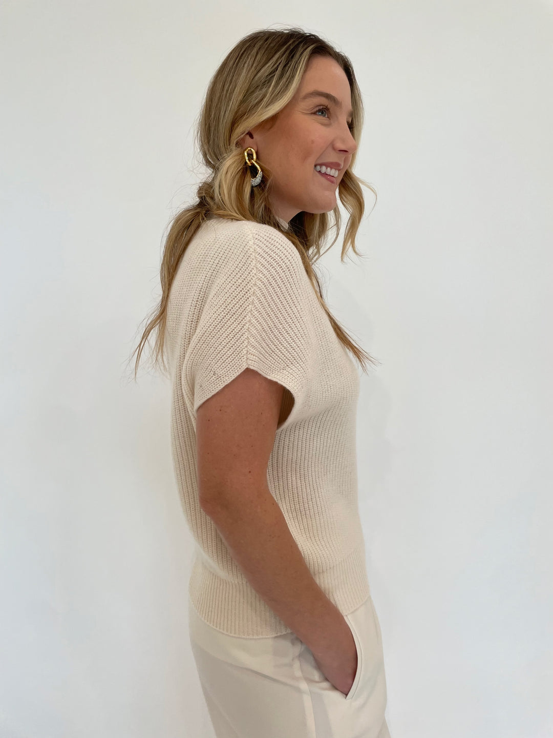 Lilla P. Ribbed Funnel Neck Short Sleeve Sweater in Ivory available at Barbara Katz