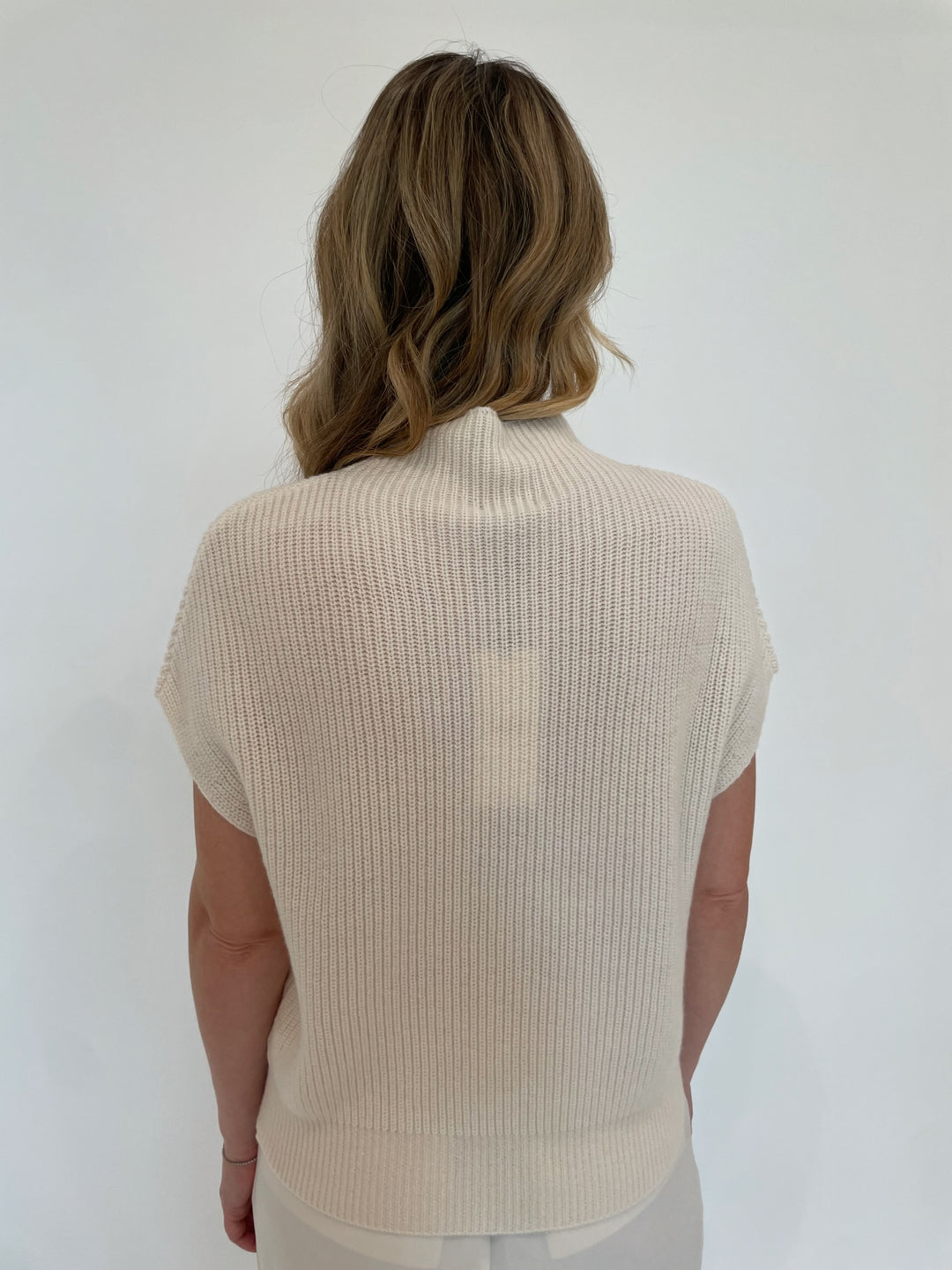 Lilla P. Ribbed Funnel Neck Short Sleeve Sweater in Ivory available at Barbara Katz