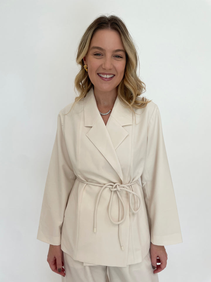 Lilla P. Notch Collar Blazer in Winter White with Alexis Bittar Solanales Gold Crystal Folded Mini Earring and Solanales Crystal Crescent Necklace available at Barbara Katz