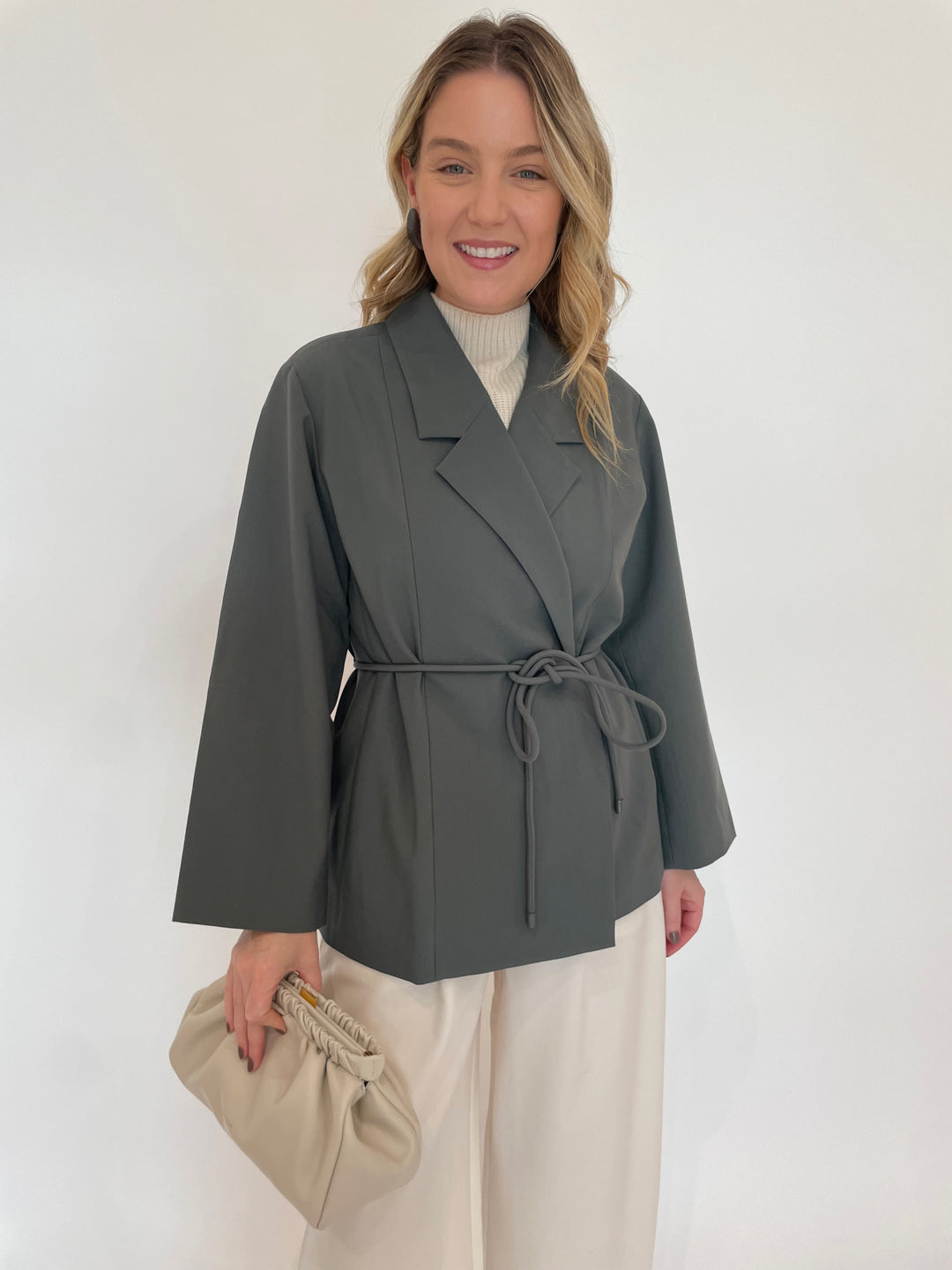 Lilla P. Notch Collar Blazer in Slate paired with Wide Leg Pull-On Pants in Winter White, DeMellier Miami Clutch in Off White available at Barbara Katz