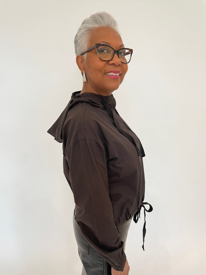 Lilla P. Poplin Hoodie Long Sleeve in Black with BK Drop Long Post Earrings in Silver available at Barbara Katz