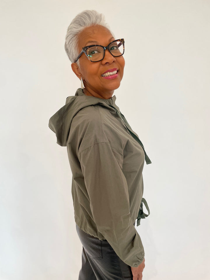 Lilla P.  Long Sleeve Poplin Hoodie in Kale with BK Drop Long Post Earrings in Silver available at Barbara Katz