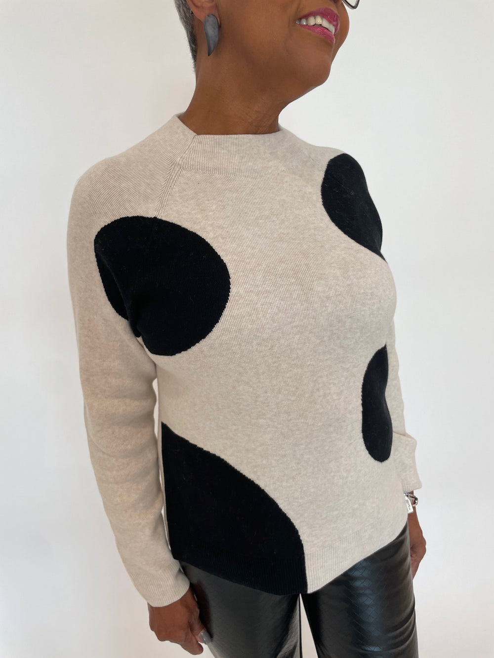 Oui Dannie Dotted Pullover Sweater in Off White/Black available at Barbara Katz