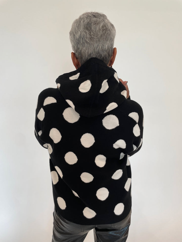 Oui Rosie Small Dotted Hooded Sweater  in Black/Off White available at Barbara Katz