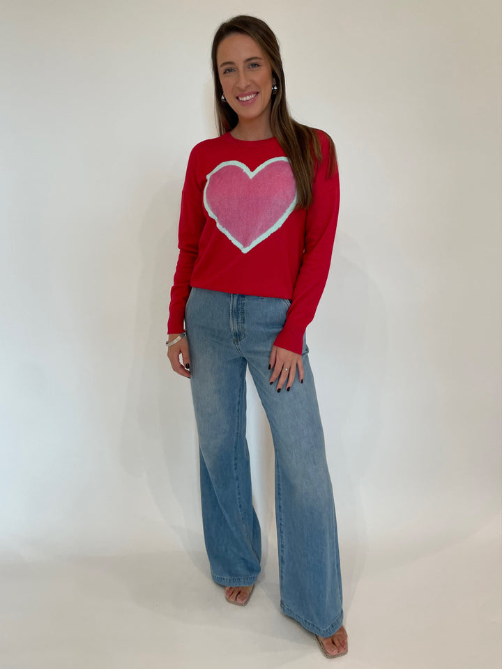 J Society Randy Heart Crew Sweatshirt in Red paired with MAC Denim Dream Boot Jeans 32" in Summer Blue Clouds Wash, Lizzie Fortunato Organic Hoops in Silver/Clear, Dean Davidson Crosby Hinged Bangle in Silver available at Barbara Katz