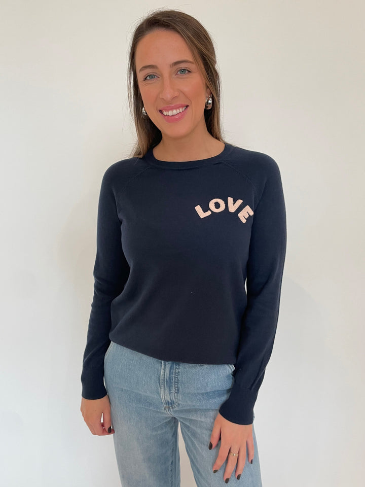 J Society Marsha Love Sweatshirt in Navy with Lizzie Fortunato Organic Hoops in Silver/Clear available at Barbara Katz