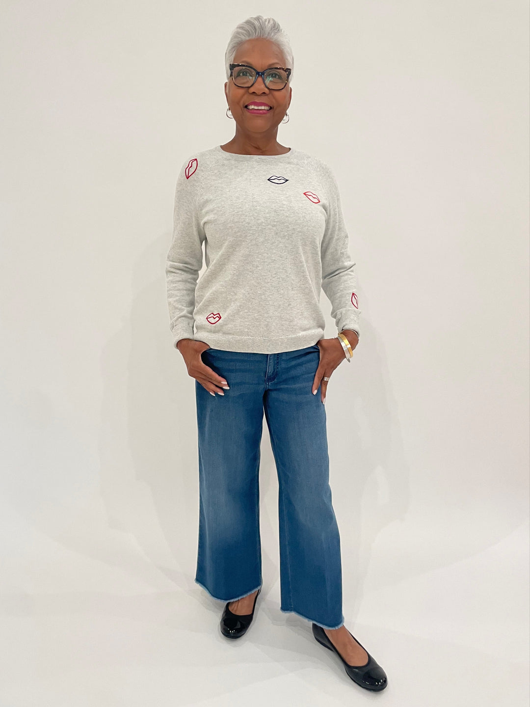 J Society Laurie Lipstick Sweatshirt in Silver paired with MAC Denim Dream Wide Crop Wonder Jeans, Lizzie Fortunato Organic Hoop Earrings, Dean Davidson Crosby Hinged Bangles available at Barbara Katz