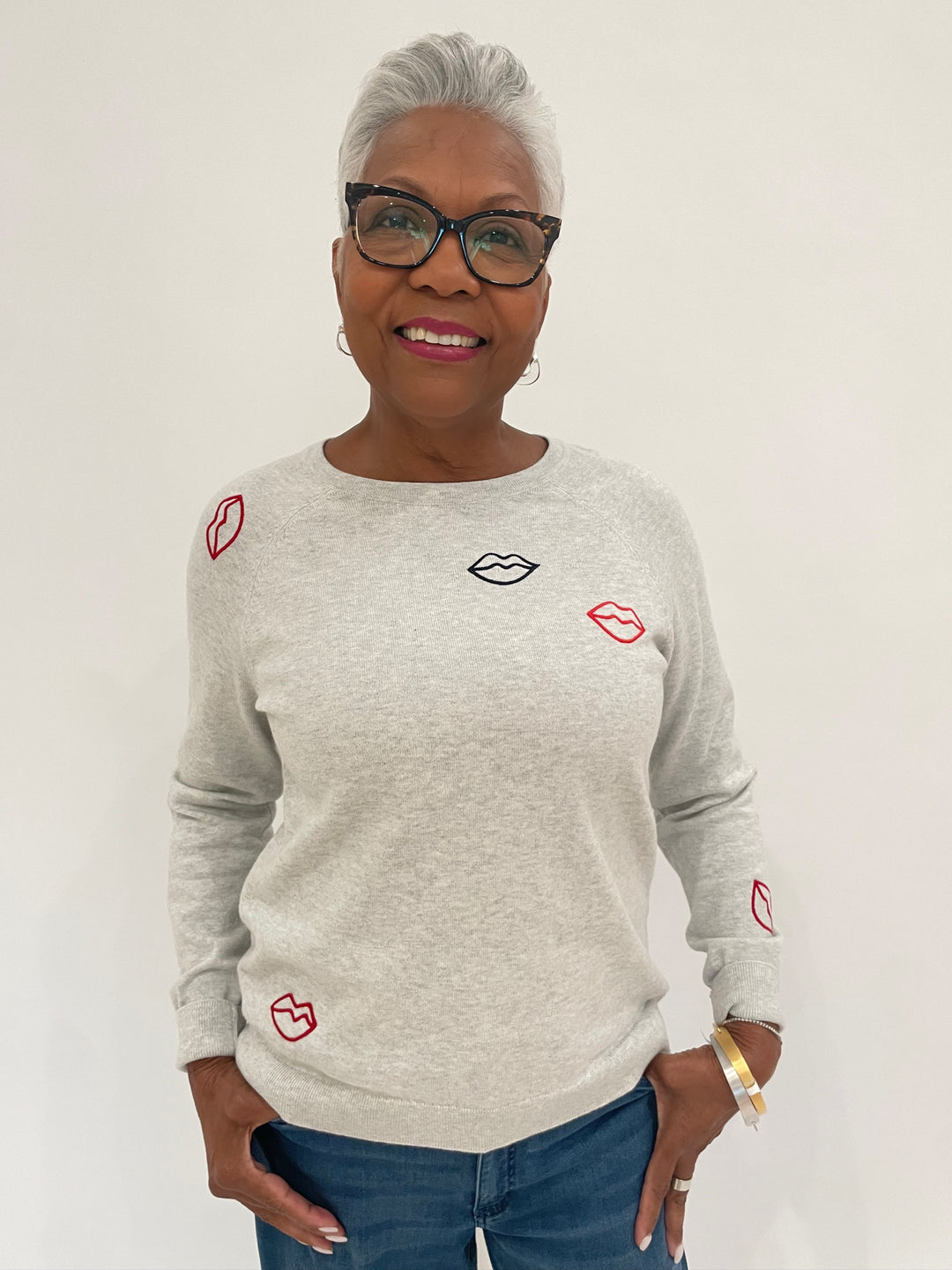 J Society Laurie Lipstick Sweatshirt in Silver with Dean Davidson Crosby Hinged Bangles in Silver and Gold available at Barbara Katz