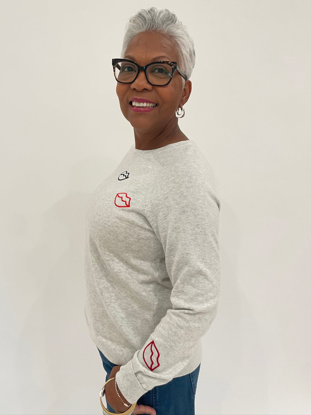 J Society Laurie Lipstick Crew Sweatshirt in Silver with Lizzie Fortunato Organic Hoops in Silver/Clear available at Barbara Katz