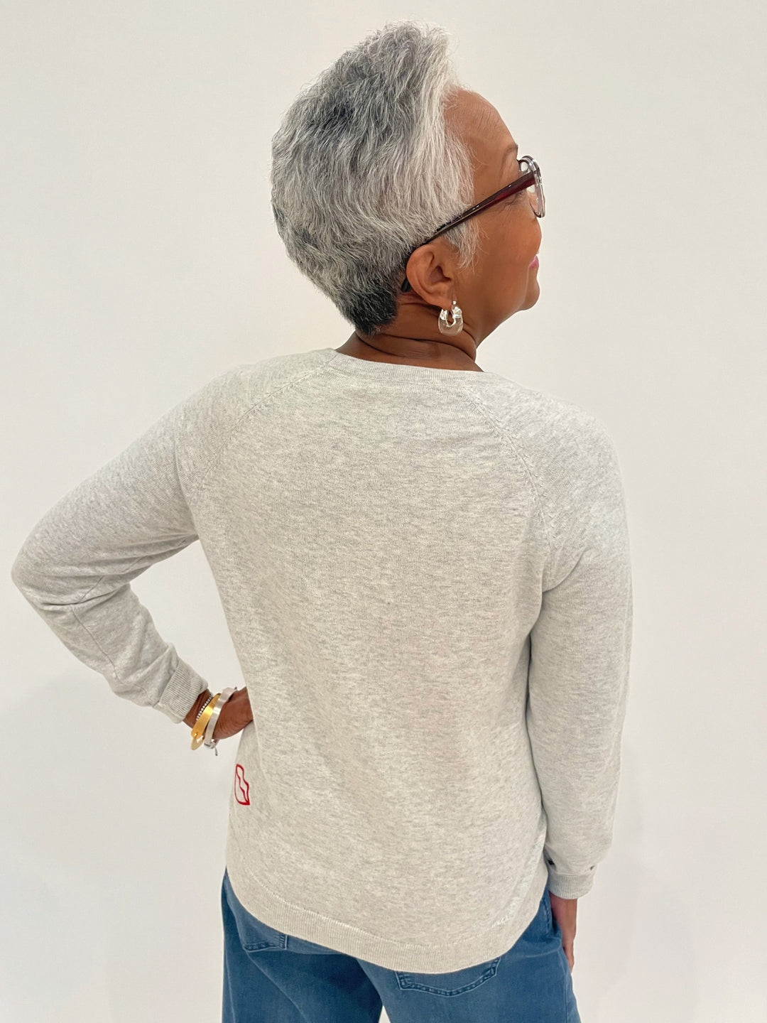 J Society Laurie Lipstick Long Sleeve Sweater in Silver with Lizzie Fortunato Organic Hoops in Silver/Clear available at Barbara Katz