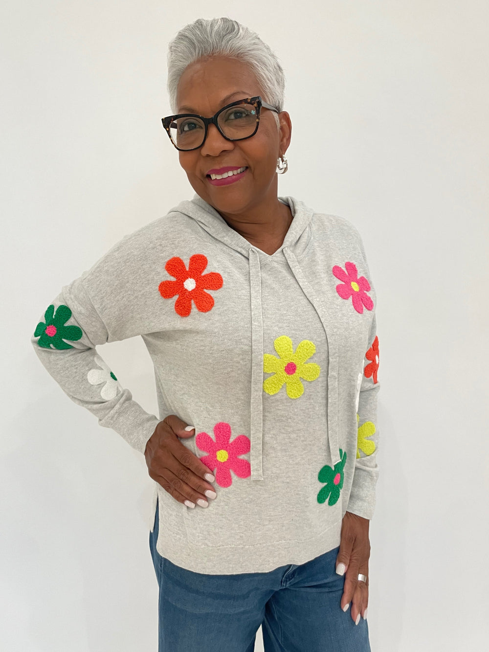 J Society Valerie Daisy Sweater Hoodie in Silver available at Barbara Katz