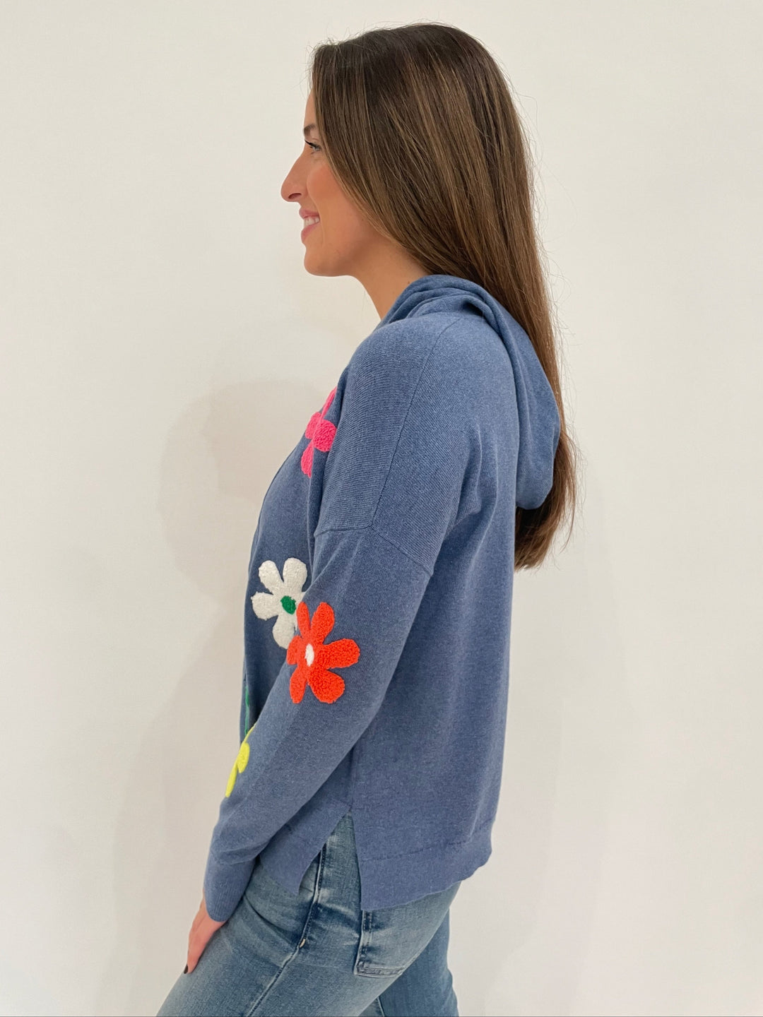 J Society Valerie Daisy Long Sleeve Hoodie in Denim available at Barbara Katz