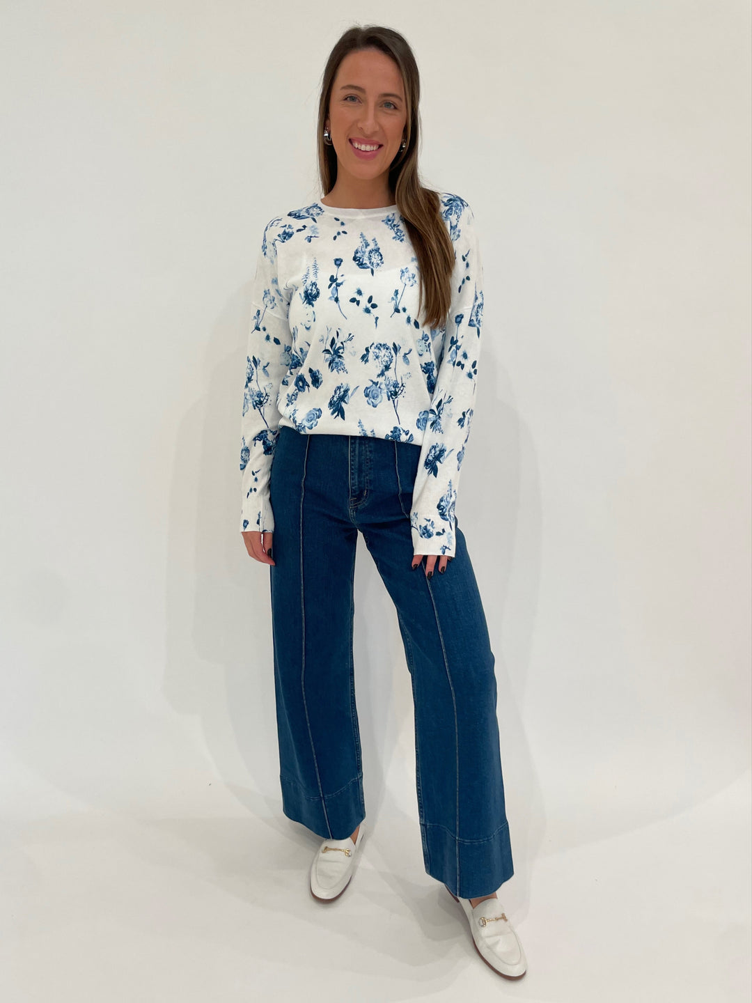 J Society Marilyn Flower Crew Sweater in Blue/White paired with Pistola Denim Penny Pintuck Wide Leg Jeans in Country Club available at Barbara Katz