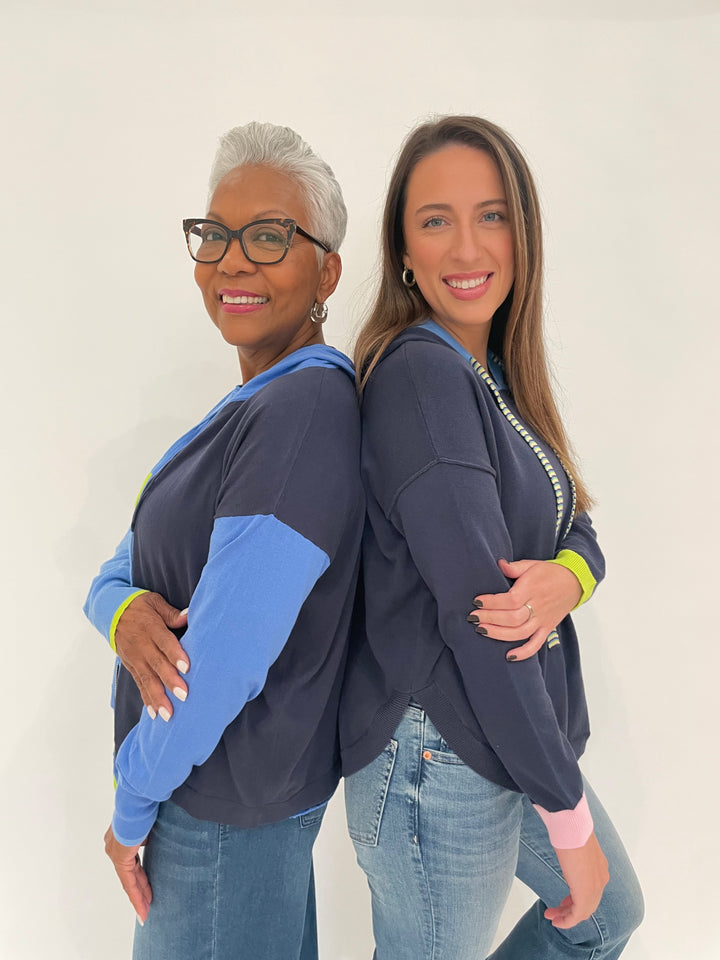 Zaket & Plover Eli Color Block Hoodie in Ink and Carol Fun Hoodie in Navy available at Barbara Katz