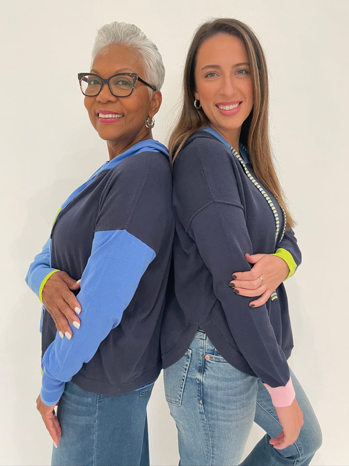 Zaket & Plover Eli Color Block Hoodie in Ink and Carol Fun Hoodie in Navy available at Barbara Katz