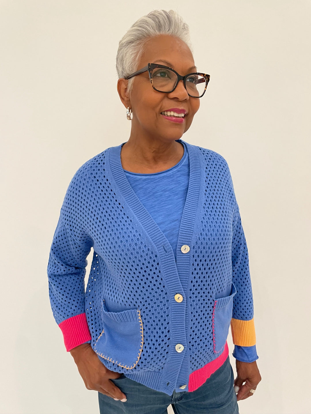 Zaket & Plover Linda Holey Cardigan in Blue with Elliott Lauren Raw Edge Tee in Marine underneath available at Barbara Katz