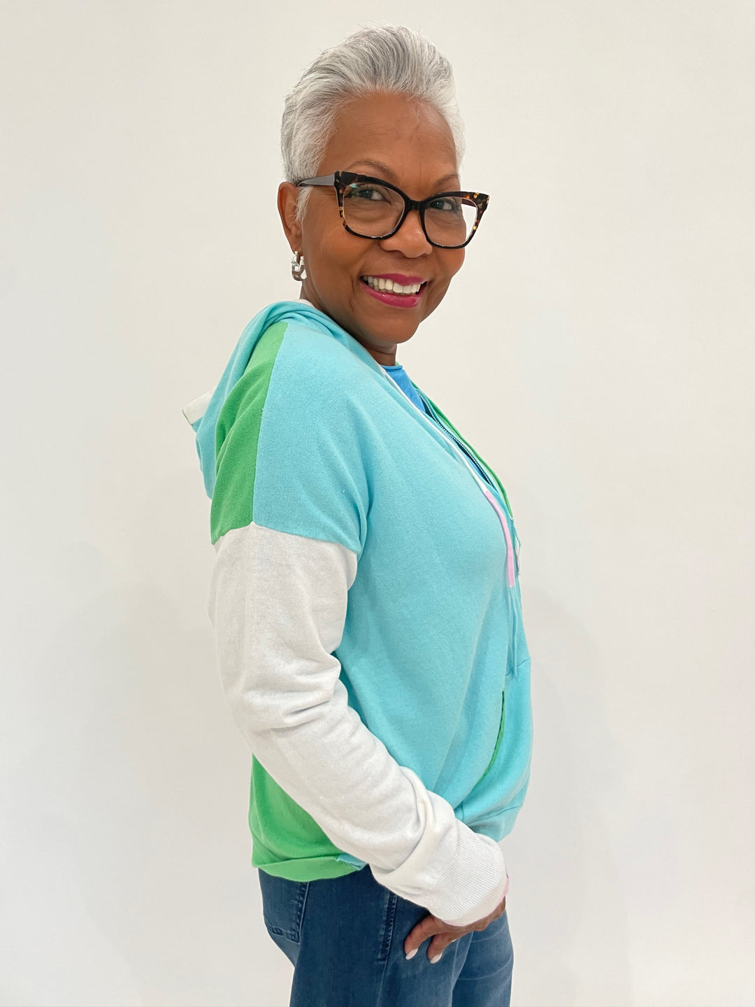 Zaket & Plover Eli Color Block Long Sleeve Hoodie in Apple Green  available at Barbara Katz