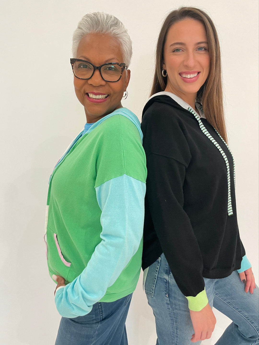 Zaket & Plover Eli Color Block Hoodie in Apple and Carol Fun Hoodie in Black available at Barbara Katz