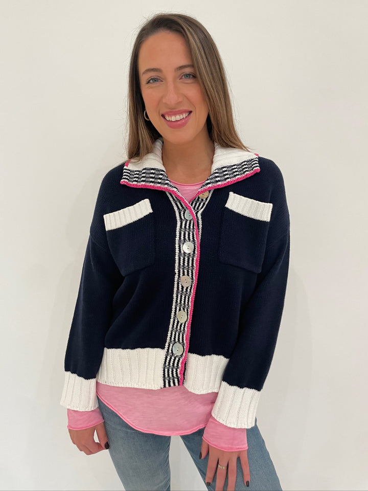 Zaket & Plover Cali Collared Cardigan in Navy with Elliott Lauren Azalea Raw Edge Tee underneath available at Barbara Katz