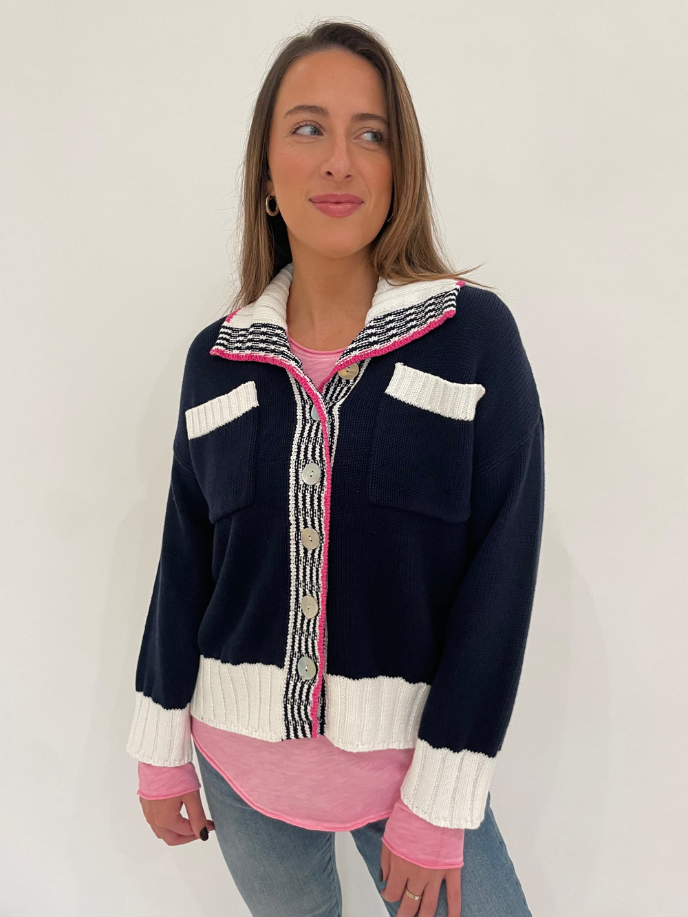 Zaket & Plover Cali Collared Knit Cardigan in Navy with Elliott Lauren Raw Edge Tee in Azalea underneath available at Barbara Katz